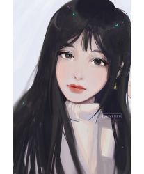 Rule 34 | 1girl, bad id, bad twitter id, black hair, brown eyes, clivenzu, dutch angle, earrings, glint, grey sweater, hand up, highres, jewelry, light smile, long hair, looking at viewer, original, pillarboxed, portrait, red lips, smile, solo, sweater
