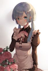 Rule 34 | 1girl, absurdres, alternate hair length, alternate hairstyle, apron, aqua eyes, arm at side, black dress, blue hair, blush, bow, bowtie, breasts, closed mouth, dress, ear piercing, flower, frilled apron, frills, hand on own chest, highres, juliet sleeves, knowa, long hair, long sleeves, looking at viewer, low twintails, maid, piercing, pink bow, pink bowtie, pink flower, puffy sleeves, re:zero kara hajimeru isekai seikatsu, rem (re:zero), simple background, sitting, small breasts, smile, solo, twintails, white apron, white background