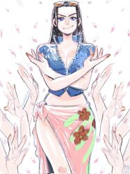 Rule 34 | 1girl, 2021, black hair, blue eyes, blue jacket, commentary, cowboy shot, cropped jacket, crossed arms, extra arms, eymbee, facing viewer, highres, jacket, looking up, nico robin, one piece, petals, pink sarong, sarong, sidelocks, smile, solo, twitter username, zipper
