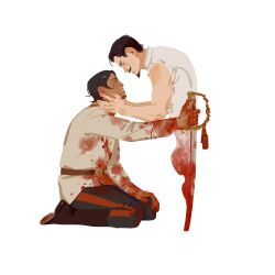 Rule 34 | 2boys, black hair, black pants, blood, blood on clothes, blood on hands, bloody weapon, boots, brown coat, brown eyes, brown footwear, chengongzi123, coat, dark-skinned male, dark skin, facial hair, full body, goatee, golden kamuy, grin, hands on another&#039;s face, highres, holding, holding sword, holding weapon, kneeling, koito otonoshin, long sleeves, looking at another, looking down, male focus, military uniform, multiple boys, mustache, pants, parted lips, red eyes, severed torso, short hair, simple background, sleeveless, smile, sword, tsurumi tokushirou, uniform, weapon, white background