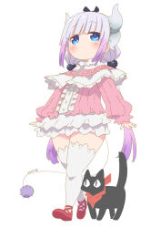 Rule 34 | 1girl, animal, beads, black cat, blue eyes, blunt bangs, capelet, cat, commentary request, company connection, crossover, dated, dragon girl, dragon horns, dress, frilled dress, frills, full body, gradient hair, hair beads, hair ornament, highres, horns, kanna kamui, kobayashi-san chi no maidragon, light purple hair, long hair, low twintails, multicolored hair, nichijou, purple hair, red footwear, sakamoto (nichijou), samansa ex, simple background, standing, tail, thighhighs, twintails, white background, white thighhighs