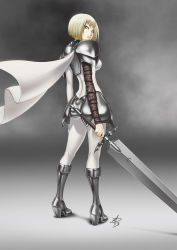 Rule 34 | 1girl, armor, blonde hair, blue eyes, bob cut, boots, breasts, cape, clare (claymore), claymore (series), claymore (sword), faulds, grey eyes, high heels, huge weapon, looking back, pantyhose, pauldrons, polarityplus, shoes, short hair, shoulder armor, solo, sword, weapon