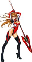 Rule 34 | 1girl, alternate costume, arms behind head, blue eyes, boots, breasts, cleavage cutout, clothing cutout, curvy, full body, highleg, highleg leotard, holding, holding weapon, large breasts, leotard, long hair, looking at viewer, neon genesis evangelion, official art, orange hair, plugsuit, polearm, red leotard, souryuu asuka langley, spear, transparent background, twintails, weapon, wide hips, yamashita shun&#039;ya