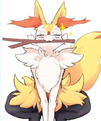 Rule 34 | 1girl, :3, animal ear fluff, animal ears, animal nose, black fur, blush, body fur, braixen, chromatic aberration, closed eyes, closed mouth, creatures (company), fangs, female focus, fox ears, fox girl, fox tail, furry, furry female, game freak, gen 6 pokemon, happy, highres, jpeg artifacts, mouth hold, neck fur, nintendo, pokemon, pokemon (creature), simple background, skin fangs, smile, snout, solo, sparkle, spread legs, squatting, stick, straight-on, tail, v arms, vaworldwideva, white background, white fur, yellow fur