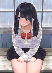 Rule 34 | 1girl, bench, black hair, black skirt, blue eyes, blush, bow, bra, breasts, bus stop, cleavage, closed mouth, collarbone, collared shirt, commentary request, kaisen chuui, large breasts, long hair, long sleeves, looking away, miniskirt, original, purple bra, red bow, school uniform, see-through, shirt, sitting, skirt, solo, thighs, underwear, wet, wet clothes, white shirt, window
