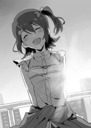 Rule 34 | 1girl, arms behind back, blush, bow, breasts, building, buttons, closed eyes, clothes around waist, commentary request, facing viewer, fence, greyscale, hair between eyes, hair bow, hair ornament, hairclip, highres, idolmaster, idolmaster million live!, jink, kasuga mirai, medium hair, monochrome, open mouth, polka dot, polka dot shirt, rooftop, shirt, side ponytail, sidelocks, sleeveless, sleeveless shirt, small breasts, smile, solo, sunlight, sweater, sweater around waist