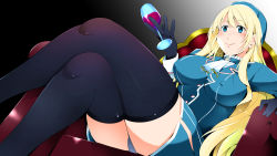Rule 34 | 1girl, alcohol, aqua hat, ascot, atago (kancolle), beret, black gloves, black thighhighs, blonde hair, blue hat, blue jacket, blue pants, blue skirt, boku (akamedou), breasts, chair, closed mouth, cosplay, covered erect nipples, crossed legs, cup, drinking glass, gloves, green eyes, hair between eyes, hat, highres, holding, holding cup, jacket, kantai collection, large breasts, long hair, long sleeves, military, military uniform, miniskirt, pants, sitting, skirt, smile, solo, takao (kancolle), takao (kancolle) (cosplay), thighhighs, uniform, white ascot, wine, wine glass