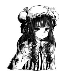 Rule 34 | 1girl, blunt bangs, bow, buttons, closed mouth, crescent, crescent hat ornament, dress, greyscale, hair bow, hat, hat ornament, kourou (kouroukun), long hair, looking at viewer, monochrome, neck ribbon, patchouli knowledge, ribbon, simple background, solo, striped clothes, striped dress, touhou, upper body
