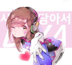 Rule 34 | 1girl, :3, bad id, bad pixiv id, blush, bodysuit, brown hair, character name, d.va (overwatch), heart, looking at viewer, one eye closed, overwatch, overwatch 1, panza, smile, solo, twitter username, yellow eyes