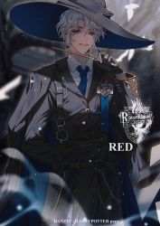 Rule 34 | 1boy, absurdres, bird, black hat, black suit, blue eyes, blue necktie, coat, coat on shoulders, cowboy shot, cuffs, formal, hat, highres, holding, holding wand, looking back, male focus, medal, mischief witch, necktie, open mouth, paizhaobozhu, short hair, sky: children of the light, smile, solo, suit, uniform, wand, white bird, witch hat