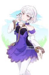 Rule 34 | 1girl, breasts, choker, commentary, commission, dress, feet out of frame, fire emblem, fire emblem: three houses, highres, keyadraws, long sleeves, looking at viewer, lysithea von ordelia, nintendo, pantyhose, pink eyes, pointy ears, short hair, small breasts, symbol-only commentary, twitter username, white hair