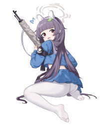 Rule 34 | 1girl, absurdres, amiemie117, animal ears, ass, black hair, blue archive, fake animal ears, feet, full body, gun, hairband, halo, highres, holding, holding gun, holding weapon, kneeling, leaf, leaf on head, long hair, looking at viewer, miyu (blue archive), open mouth, panties, panties under pantyhose, pantyhose, rabbit ears, red eyes, simple background, skirt, soles, solo, underwear, very long hair, weapon, white background, white panties, white pantyhose