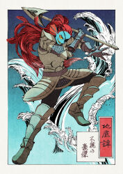 Rule 34 | 1girl, armor, armored boots, black pants, blue skin, boots, colored sclera, colored skin, eyepatch, fine art parody, fins, fish girl, gauntlets, head fins, holding, holding polearm, holding weapon, long hair, nihonga, pants, parody, polearm, red hair, sharp teeth, slit pupils, solo, spear, tami yagi, teeth, translation request, undertale, undyne, very long hair, waves, weapon, yellow sclera