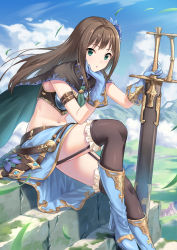 Rule 34 | 1girl, alternate costume, black thighhighs, blue footwear, blue gloves, blush, boots, brown hair, expressionless, garter straps, gloves, granblue fantasy, green eyes, hand on hilt, high heel boots, high heels, holding, holding sword, holding weapon, idolmaster, idolmaster cinderella girls, knee boots, long hair, looking at viewer, moss, navel, over-kneehighs, shibuya rin, sitting, solo, stairs, sword, takagawa, thighhighs, weapon