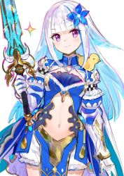 Rule 34 | 1girl, armor, bird, bloomers, blue hair, blue shirt, blunt bangs, breasts, center opening, chick, cowboy shot, flower, fuzichoco, gauntlets, gold trim, hair flower, hair ornament, highres, holding, holding sword, holding weapon, knight, lize helesta, lize helesta (valkyrie hero), long hair, looking at viewer, medium breasts, mira (kendeshi), multicolored hair, navel, nijisanji, pauldrons, pelvic curtain, purple eyes, revealing clothes, rubber duck, sebastian piyodore, shirt, shoulder armor, simple background, sketch, smile, solo, stomach, streaked hair, sword, two-tone hair, underwear, virtual youtuber, weapon, white background, white bloomers, white hair