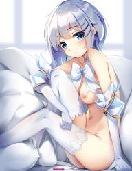 Rule 34 | 1girl, bad id, bad pixiv id, blue eyes, blush, bow, bowtie, breasts, date a live, egg vibrator, elbow gloves, expressionless, female masturbation, from side, gloves, groin, hair ornament, hairclip, highres, indoors, knee to chest, knees up, leaning forward, leg up, looking at viewer, looking to the side, masturbation, medium breasts, medium hair, navel, nipples, no dress, nude, object insertion, pussy juice, sex toy, silver hair, solo, thighhighs, tobiichi origami, touxing no diluka, vaginal, vaginal object insertion, vibrator, white bow, white gloves, white thighhighs