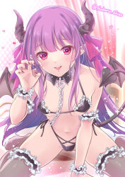 Rule 34 | 1girl, akino subaru, arm support, aroused, bare shoulders, black bra, black nails, black panties, black thighhighs, blunt bangs, blush, bra, breasts, chain, claw pose, commentary request, commission, demon girl, demon horns, demon tail, demon wings, detached collar, eyelashes, fang, fingernails, frilled bra, frilled thighhighs, frilled wrist cuffs, frills, hair ribbon, heart, heart-shaped pupils, highleg, highleg panties, highres, horns, indoors, knees out of frame, leaning forward, long fingernails, long hair, looking at viewer, navel, no shoes, open mouth, original, panties, purple hair, red eyes, red ribbon, ribbon, side-tie panties, sidelocks, sitting, skeb commission, small breasts, smile, solo, sparkle, symbol-shaped pupils, tail, tail raised, thighhighs, twitter username, underwear, very long hair, wariza, wings, wrist cuffs