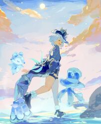 Rule 34 | 1girl, 3others, absurdres, black footwear, blue coat, blue hair, blue headwear, blue shorts, closed eyes, cloud, cloudy sky, coat, facing another, furina (genshin impact), genshin impact, gentilhomme usher, hashtag-only commentary, hat, highres, hydrokinesis, mademoiselle crabaletta, multiple others, neco 2110 (eru), open mouth, rock, shorts, sky, smile, surintendante chevalmarin, top hat, walking, walking on liquid, water