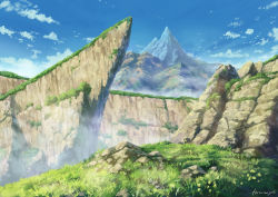Rule 34 | blue sky, cliff, cloud, cloudy sky, commentary request, day, fog, grass, hasumi yuuki, landscape, mountain, nature, no humans, original, rock, scenery, sky, sunlight