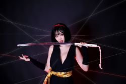 Rule 34 | 1girl, absurdres, bare legs, bare shoulders, black hair, blush, breasts, cleavage, cosplay, dress, hairband, highres, holding, holding sword, holding weapon, inuyasha, katana, lips, looking at viewer, medium breasts, model request, no bra, photo (medium), red eyes, revealing clothes, sakasagami no yura, sakasagami no yura (cosplay), short dress, standing, sword, weapon