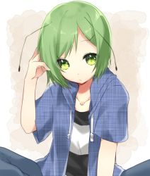 Rule 34 | 1girl, abe suke, alternate costume, antennae, arm up, closed mouth, commentary request, green eyes, green hair, hood, hoodie, looking at viewer, open clothes, open hoodie, shirt, short hair, short sleeves, solo, striped clothes, striped shirt, touhou, unmoving pattern, wriggle nightbug