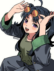 1girl ahoge awa_subaru black_hair black_jacket blush collarbone commentary double_bun eyewear_lift girls_band_cry green_shirt hair_bun highres jacket long_hair long_sleeves open_clothes open_jacket open_mouth orange-tinted_eyewear parted_bangs purple_eyes shao_(shaorouhong) shirt simple_background solo sunglasses teeth tinted_eyewear twitter_username white_background