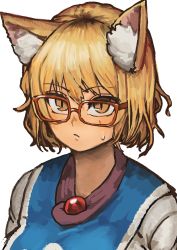 Rule 34 | 1girl, absurdres, animal ear fluff, animal ears, blonde hair, brooch, chanta (ayatakaoisii), closed mouth, fox ears, glasses, highres, jewelry, looking at viewer, portrait, red-framed eyewear, shirt, short hair, simple background, slit pupils, solo, sweat, tabard, touhou, upper body, white background, white shirt, yakumo ran, yellow eyes