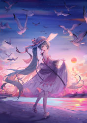 Rule 34 | 1girl, absurdres, animal, bare shoulders, bird, blue eyes, blue hair, breasts, closed mouth, cloud, commentary request, detached sleeves, dress, hatsune miku, high heels, highres, long hair, long sleeves, looking at viewer, looking to the side, nishina hima, outdoors, pink dress, pink sleeves, see-through, shawl, shoe soles, shoes, sky, small breasts, smile, solo, standing, standing on one leg, star (sky), starry sky, sunset, twintails, very long hair, vocaloid, water, white footwear, white headwear, white sleeves