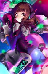 Rule 34 | 1girl, acronym, arched back, armor, ass, bodysuit, boots, bracer, breasts, brown eyes, brown hair, blowing bubbles, chewing gum, cowboy shot, cube, d.va (overwatch), eyebrows, facepaint, facial mark, from behind, gloves, gun, hand up, handgun, headphones, heart, heart-shaped pupils, highres, holding, holding gun, holding weapon, hologram, legs apart, long hair, long sleeves, looking at viewer, looking back, mecha, meka (overwatch), overwatch, overwatch 1, pauldrons, pilot suit, ribbed bodysuit, robot, shoulder armor, shoulder pads, skin tight, sky, solo, space, squchan, star (sky), starry sky, symbol-shaped pupils, thigh boots, thigh strap, thighhighs, turtleneck, weapon, whisker markings, white footwear, white gloves