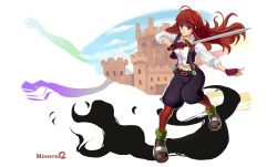 Rule 34 | 1girl, ahoge, artist request, brown eyes, character request, copyright name, fingerless gloves, gloves, highres, knees together feet apart, long hair, looking at viewer, midriff, monster rpg 2, navel, official art, red hair, solo, suspenders, sword, weapon