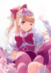 Rule 34 | 1girl, asahina mirai, blonde hair, blue background, bracelet, cherry blossoms, cure miracle, diamond-shaped brooch, dress, gloves, gradient background, half updo, hat, highres, jewelry, lips, magical girl, mahou girls precure!, minato asuka, mini hat, mini witch hat, one eye closed, one side up, petals, pink dress, pink hat, precure, puffy short sleeves, puffy sleeves, short sleeves, sitting, solo, two-tone dress, white background, white dress, white gloves, witch hat, wizard