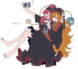 Rule 34 | 2girls, arm up, barefoot, black choker, black dress, black footwear, black headwear, black nails, black shirt, blush, bow, bowtie, breasts, camera, chinese clothes, choker, closed eyes, closed mouth, clothes writing, collarbone, commentary request, crescent, crossed legs, dress, earth (ornament), fingernails, hair between eyes, hands up, hat, hecatia lapislazuli, highres, junko (touhou), long hair, long sleeves, looking to the side, looking up, medium breasts, medium hair, moon (ornament), multiple girls, nail polish, open mouth, orange hair, phoenix crown, pink nails, plaid, plaid skirt, pom pom (clothes), raya (uk 0128), red eyes, red hair, red skirt, shirt, shoes, short sleeves, simple background, sitting, skirt, smile, star (symbol), t-shirt, tabard, tongue, touhou, twitter username, underworld (ornament), v, wavy hair, white background, wide sleeves, yellow bow, yellow bowtie