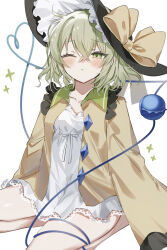 Rule 34 | 1girl, black hat, bow, closed mouth, collarbone, commentary, crossed bangs, frilled hat, frills, green bow, green eyes, green hair, hat, hat bow, heart, heart of string, highres, jacket, komeiji koishi, long sleeves, one eye closed, seiza, shirt, sitting, sleeves past fingers, sleeves past wrists, solo, sorani (kaeru0768), sparkle, thighs, touhou, white background, white shirt, wide sleeves, yellow bow, yellow jacket