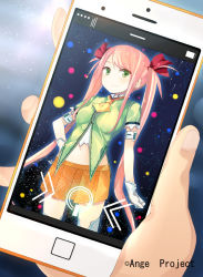 Rule 34 | 10s, 1girl, ange vierge, benio (dontsugel), blush, breasts, cellphone, gloves, green eyes, hair ribbon, hand on own hip, long hair, medium breasts, midriff, navel, nmaaaaa, original, phone, photo (object), pink hair, ribbon, skirt, smartphone, solo, thighhighs, twintails, white thighhighs