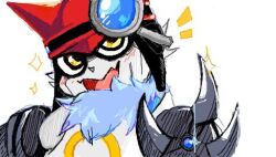 Rule 34 | appmon, claws, digimon, gatchmon, happy, hat, looking at viewer, magnifying glass, smile, sparkle, yellow eyes
