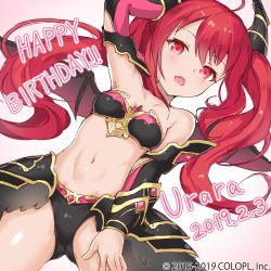 Rule 34 | alternate costume, battle girl high school, breasts, collarbone, commentary request, dated, demon, detached sleeves, fangs, happy birthday, hasumi urara, highres, horns, long hair, looking at viewer, navel, official art, open mouth, panties, red eyes, red hair, simple background, small breasts, solo, twintails, underwear, white background