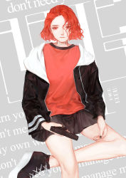 Rule 34 | 10s, 1girl, 2016, aries (zodiac), black nails, gun, handgun, highres, holding, holding gun, holding weapon, jacket, looking at viewer, moss (2225028), nail polish, original, pleated skirt, red eyes, red footwear, red hair, shirt, shoes, short hair, skirt, smile, solo, t-shirt, wall of text, weapon, zodiac