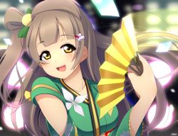 Rule 34 | 10s, 1girl, angelic angel, bad id, bad pixiv id, brown hair, collarbone, detached sleeves, hair ornament, highres, holding, japanese clothes, kimono, long hair, love live!, love live! school idol project, minami kotori, miton (turuyasann), one side up, open mouth, solo, yellow eyes, yukata