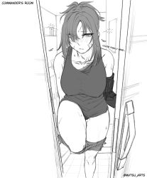 Rule 34 | 1girl, angelia (girls&#039; frontline), bare shoulders, black panties, blush, breasts, clothes pull, door, drunk, english text, eyes visible through hair, girls&#039; frontline, greyscale, hiccup, highres, large breasts, legs, long hair, looking at viewer, matsu arts, mechanical arms, monochrome, open door, open mouth, panties, pants, pants pull, prosthesis, prosthetic arm, solo, thighhighs, thighs, underwear