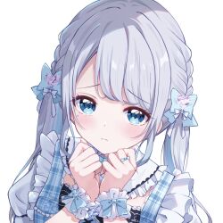 Rule 34 | 1girl, blue bow, blue eyes, blue hair, blush, bow, closed mouth, detached collar, dot nose, frilled shirt, frills, grey hair, hair bow, hands on own chin, highres, kaga sumire, light frown, long bangs, long hair, looking at viewer, low twintails, lupinus virtual games, multicolored hair, own hands together, parted bangs, portrait, puffy sleeves, raised eyebrows, shinshia (sinsia 0928), shirt, sidelocks, simple background, solo, streaked hair, twintails, virtual youtuber, vspo!, white background, white shirt, white wrist cuffs, wrist cuffs