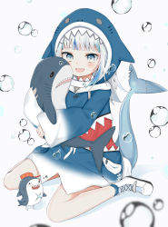 Rule 34 | 1girl, :d, animal hood, blood, blue eyes, blue hair, blue hoodie, blue socks, blush, boots, bubble, commentary, drawstring, fins, fish tail, full body, gawr gura, gawr gura (1st costume), highres, hololive, hololive english, hood, hood up, hoodie, looking at viewer, multicolored hair, hugging object, open mouth, shark hood, shark tail, sharp teeth, silver hair, sitting, smile, socks, streaked hair, stuffed animal, stuffed shark, stuffed toy, swon (joy200892), tail, teeth, virtual youtuber, wariza, white background, white footwear
