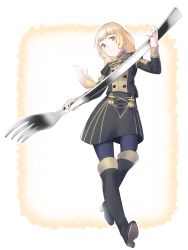 Rule 34 | 1girl, blonde hair, boots, dress, fire emblem, fire emblem: three houses, fork, garreg mach monastery uniform, green eyes, heels, highres, ingrid brandl galatea, long hair, looking at viewer, nintendo, oversized object, ponytail, ruis bacon, simple background, smile, solo, white background