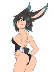 Rule 34 | 1girl, absurdres, animal ears, artist name, ass, back, backless leotard, black hair, blue eyes, blue hair, breasts, cleavage, cowboy shot, detached collar, eyes visible through hair, fake animal ears, freckles, hands on own hips, highres, leotard, looking at viewer, multicolored hair, original, playboy bunny, rabbit ears, rabbit girl, rabbit tail, rob ishi, short hair, small breasts, smile, solo, tail, teeth, tracie (rob ishi), watermark, white background, wrist cuffs