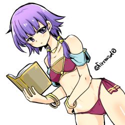 Rule 34 | 1girl, adapted costume, alternate costume, bikini, book, bracelet, breasts, cowboy shot, dutch angle, fire emblem, fire emblem: the sacred stones, jewelry, looking at viewer, lute (fire emblem), necklace, nintendo, purple bikini, purple eyes, purple hair, short hair, sidelocks, simple background, small breasts, solo, swimsuit, twitter username, white background, yukia (firstaid0)