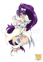Rule 34 | 00s, 1girl, aged up, anniversary, arudebido, boots, bow, brooch, character name, copyright name, cure egret, earrings, frills, full body, futari wa precure splash star, hair bow, heart, heart brooch, jewelry, knee boots, leg warmers, long hair, magical girl, mishou mai, ponytail, precure, purple eyes, purple hair, ribbon, skirt, smile, solo, very long hair, white background, white footwear, wrist cuffs
