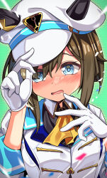 Rule 34 | 1girl, animal ears, ascot, blue eyes, blush, brown hair, cheval grand (umamusume), commentary request, ears through headwear, green background, hands up, hat, highres, horse ears, jacket, looking at viewer, nose blush, open mouth, peaked cap, short hair, solo, umamusume, upper body, white hat, white jacket, yasume yukito, yellow ascot