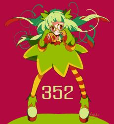 Rule 34 | 1girl, asymmetrical legwear, creatures (company), dress, female focus, fingerless gloves, full body, game freak, gen 3 pokemon, glasses, gloves, green dress, green hair, kecleon, leaning forward, legs apart, long hair, long sleeves, looking to the side, mismatched legwear, nintendo, personification, platform footwear, pokedex number, pokemon, red background, red eyes, red thighhighs, sameyama jiro, shoes, signature, simple background, solo, standing, teeth, text focus, thighhighs, yellow-framed eyewear, yellow gloves, yellow thighhighs