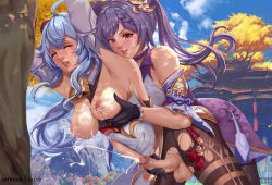 Rule 34 | 2girls, architecture, arms up, black gloves, blue hair, breasts, censored, closed eyes, cum, east asian architecture, ejaculation, erection, exlic, futa with female, futanari, ganyu (genshin impact), genshin impact, gloved handjob, gloves, grabbing, grabbing another&#039;s breast, handjob, has uncensored version, keqing (genshin impact), lactation, large breasts, looking down, mosaic censoring, multiple girls, nipples, open mouth, patreon username, penis, pink eyes, purple hair, reach-around, testicles, torn clothes, torn legwear, tree