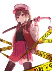 Rule 34 | 1girl, absurdres, backlighting, black shirt, black thighhighs, bosumonki, brown hair, caution tape, cowboy shot, earrings, hand up, hat, heart, highres, holding, holding sword, holding weapon, jacket, jewelry, katana, keep out, long hair, long sleeves, looking at viewer, open clothes, open jacket, original, over shoulder, peaked cap, pink hat, pleated skirt, red eyes, red jacket, red skirt, sheath, sheathed, shirt, shirt tucked in, sidelocks, simple background, skirt, smile, solo, standing, sword, thighhighs, tonfa, twintails, weapon, weapon over shoulder, white background, zettai ryouiki, zipper