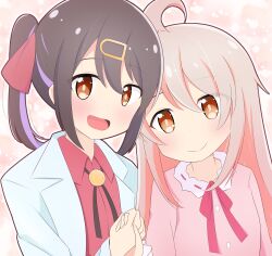 Rule 34 | 2girls, :d, absurdres, ahoge, black hair, bolo tie, brown eyes, commentary, hair between eyes, hair ornament, hairclip, highres, holding hands, lab coat, long hair, looking at viewer, multicolored hair, multiple girls, onii-chan wa oshimai!, open mouth, orusu, oyama mahiro, oyama mihari, pink hair, pink shirt, purple hair, red shirt, shirt, siblings, simple background, sisters, smile, twintails, two-tone hair, wing collar